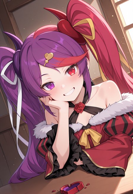 highres, best quality, masterpiece, indoors, light particles,
1girl, solo, pcrmski, two-tone hair, red hair, purple hair, streaked hair, very long hair, heterochromia, red eyes, purple eyes, horns,
pmskidef, twintails, hairclip, broken heart, broken heart hair ornament, yellow ribbon, white ribbon, rose, red dress, fur-trimmed dress, criss-cross halter, bare shoulders, white fur trim, off-shoulder, puffy long sleeves, wide sleeves, frilled sleeves, striped sleeves, black frills, upper body,
looking at viewer, blush, smile, teeth,
sitting, dutch angle, head rest, 
<lora:_misaki_pcr-elesico-ilxlA:1>