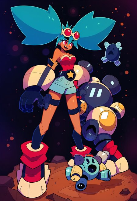 score_9, score_8_up, score_7_up, score_6_up, score_5_up, score_4_up, BREAK
1girl, gloves, twintails, goggles on head, shorts, goggles, red eyes, black gloves, big hair, aqua hair, bare shoulders, belt, dark skin, full body, breasts, smile, shoes, dark-skinned female, standing, long hair, open mouth, sneakers, robot, blue hair, socks, star (symbol), eyewear on head, holding, thigh strap, green hair, detached sleeves, shirt, medium breasts
 <lora:groovysmooth:1>