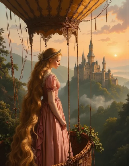 masterpiece, high quality, Oil Painting, Hyper-realistic, half body portrait of a young teen Rapunzel, serene and poised , exuding grace and dignity. She is elegantly dressed in a silk Victorian dress that is corseted, hooped, and bustled. She has 70 foot long, flowing golden hair, styled into elegant waves that cascade gracefully down her back, complemented by a subtle tiara that glints in the sunlight. She is a pale, almost translucent white skin. She stands gracefully in the wicker basket of a grand Victorian hot air balloon, its balloon fabric a rich tapestry of muted golds and deep maroons. The sky is painted with hues of orange and pink from the setting sun, casting a warm, ethereal glow. Far below, a sprawling castle with towering turrets and lush, green gardens comes into view, shrouded in a slight mist that enhances its dreamlike appearance. Her body is skinny and petite. Shadow and light, Masterpiece, intricate lines, intriguing atmosphere, sharp magnificent details, oil painting, delicate features, elaborate details, (2\3 rule composition:0.5), ultra detailed, romantic, Rembrandt lighting, brush stroke, lovely, del1cate_balance style, novuschroma, in the style of Rembrandt. vantablack <lora:style_of_Rembrandt_FLUX_135:.8> <lora:- Flux1 - vanta_black_V2.0:.3> <lora:Delicate_Balance:.3> <lora:neeeg_f1:-1> <lora:113_novuschromaFLX_1:.2> <lora:zavy-disney-rapunzel-fxl:.3>
