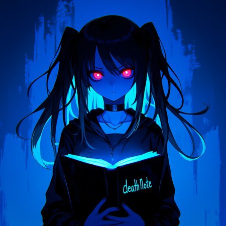 NLSTN. The image is a digital drawing in a vibrant, neon-lit NLSTN anime style, featuring a young girl with a haunting, gothic aesthetic. She has long, dark hair styled in twin tails, adorned with two glowing, red eyes that pierce through the dark, blue-hued background. Her expression is one of intense focus, as she holds an open book titled "Death Note" in her hands. The book's pages glow with a soft, blue light, contrasting with the dark, ominous atmosphere.