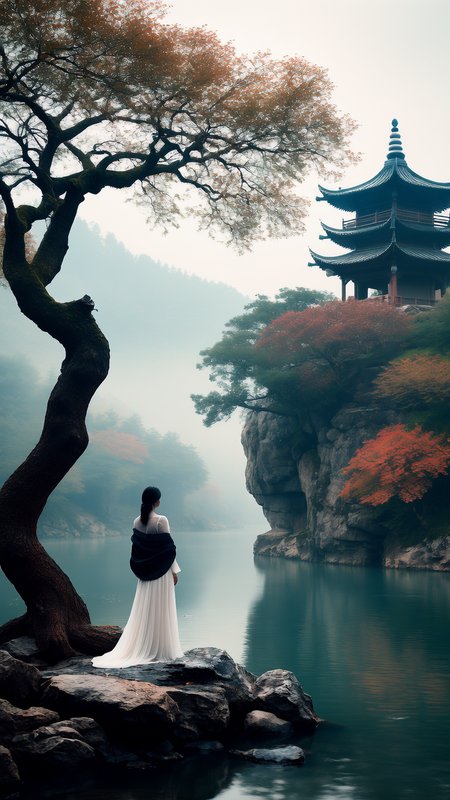 The image depicts a serene and ethereal oriental landscape, likely inspired by traditional East Asian art. In the foreground, there is a woman dressed in a flowing white gown with a black shawl. She is standing on a rocky outcrop, gazing out over a tranquil river that winds through the scene. The river is bordered by large, dark rocks, and the water appears calm and reflective. Beyond the woman, there is a large tree with a thick trunk and gracefully arching branches. The tree's leaves are a mix of green and autumnal hues, suggesting a seasonal transition. The tree's branches extend outward, creating a canopy that partially covers the scene. In the middleground, there is a traditional East Asian pagoda perched on a rocky cliff. The pagoda has multiple tiers with upturned eaves, typical of classical Chinese architecture. It is surrounded by lush vegetation, including trees with red and orange leaves, indicating the autumn season. In the background are hazy images of trees. The entire scene is enveloped in a misty, hazy atmosphere, which adds to the mystical and dreamlike quality of the image. The colors are soft and muted, with a predominance of earth tones and pastel shades, contributing to the overall sense of calm and tranquility. The image evokes a sense of timelessness and serenity, capturing a moment of quiet contemplation in a beautifully rendered natural setting. 