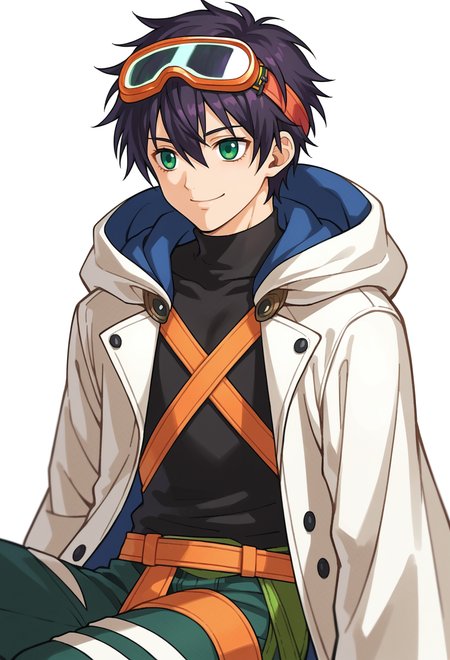 score_9, score_7_up, source_anime, BREAK solo,  <lora:zs_FE10PortraitsXL:1> fe10portraits, portrait, white background,, smile, 1boy, green eyes, short hair, black hair, bangs, hair between eyes, messy hair, (goggles on head:1.2), headband, white coat, hooded coat, hood down, open coat, black turtleneck, capri pants, layered pants, black knee boots,