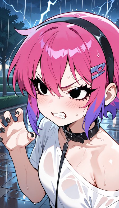 masterpiece, best quality, very aesthetic, absurdres,
solo, 1girl,

ramflo, short hair, multicolored hair, two-tone hair, pink hair, purple hair, long eyelashes, black eyes,

veins, angry,

black nails, shirt, collar, white shirt, clenched teeth, single off shoulder, nail polish, blush, black collar, hairband, outdoors, claw pose, t-shirt, single bare shoulder, upper body, fingernails, leash, day, animal collar, hair between eyes,, hairclip, short sleeves,

rain, wet,

outside, park, night, lightning in background,