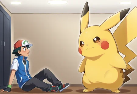 1boy. ash ketchum, sitting, on floor, BREAK giant pikachu, no humans, standing, are_you_my_master <lora:are_you_my_master:1>, masterpiece, best quality, amazing quality, very aesthetic, absurdres, highres, newest