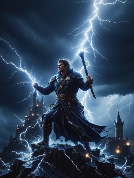 wizard on castle raising his staff as mad-lgthng lightning strikes, storm cloud, dramatic lighting, cinematic shot   <lora:Lightning_SDXL:1.0>, masterpiece, best quality, ultra high res, (photorealistic, realistic:1.2), deep shadow, raw photo, film grain, Fujifilm XT3, 8k uhd, dslr