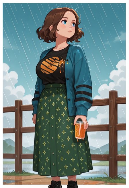 masterpiece, best quality, good quality, very aesthetic, absurdres, newest, 8K, from side  BREAK 
side portrait of stunning  girl standing,((orange liquid on breast)) , 
pastel cyan , big  breasts,orange juice on breast,
, wide hips, breast, NathMine, 1girl, short hair, wavy hair, brown hair, blue eyes,, blue cardigan, long sleeves cardigan, black stripes on cardigan sleeves,black t-shirt under cardigan, sun t-shirt,  sun symbol on t-shirt,  long skirt, floral skirt, green skirt, high-waist skirt, black sneakers,
,ultra detailed ,
simple pastel gradient blue background with extremely thick white border,
BREAK 
looking away, surprice look, 
(holding a soda cup with a straw, straw with soda),
(storming), strong wind, cloudy, 
ultra-realistic, Flatline, Flat vector illustration, haiz_ai, no lineart, no outline,  rain,
heavy-rain, modern fence in background, clouds, very smoky,
<lora:Rain (Illustrious) v1:0.5> <lora:ponyv6_noobE11_2_adamW:0.25> <lora:haiz_ai_illu:0.8> <lora:flatline:1.65>