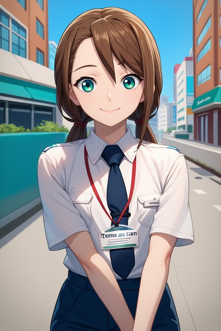 score_9, score_8_up, score_7_up, score_6_up, source_anime, 1girl, solo,  <lora:rnnae-pdxl-nvwls-v1-000005:1> tennoujinae, brown hair, low twintails, turquoise eyes, white shirt, collared shirt, short sleeves, dark blue necktie, lanyard, blue pants, happy, looking at you, city, blue sky, upper body, smile, closed mouth, thighs