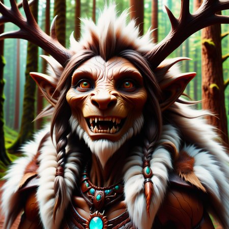 hyper detailed masterpiece, dynamic, awesome quality, DonMR31nd33rXL leather, fur, female  troll, mythical humanoid being,large, strong, 8 to 10 feet tall, deep forests, thick warty brown skin, large nose, pointy ears, jutting jaw, prominent teeth, deep-set glowing eyes, long wild hair, claws, fantasy, stooped posture <lora:DonMR31nd33rXL-000008:0.8>