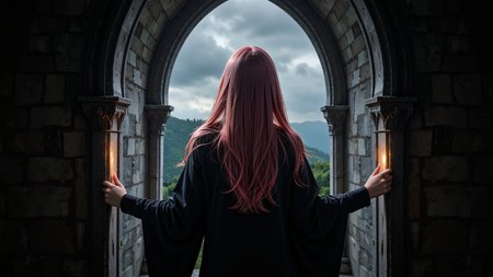 Dark gothic style,a front view of a long pink wavy haired woman with green eyes dressed in a black gothic robe standing at the window of an ancient castle,slowly opening the window,weak candlelight illuminating the interior,dark storm clouds outside,the woman's eyes cold and deep,the gothic stone walls behind her,with strong contrasts of shadow and light,
<lora:yuukananri-base-02-flux:0.8>,yuukananri,she has a slender physique and a petite build,<lora:klordoftherings-01:0.6>,klordoftherings,