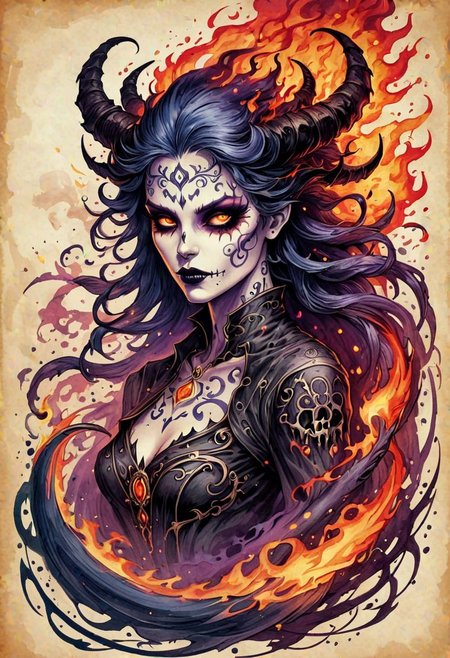 Ink illustration on parchment. Portrait. In a fantasy realm, the spirit of a woman trapped in a half machine demon takes revenge on those they have condemned. Mystic power. mystic color palette. BadDream, DEVIL SPAWN, fire, undead.