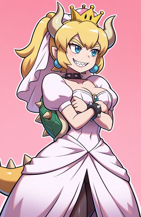 1girl, solo,  <lora:PiratesCurse:1> prtcrs,
Bowsette, blonde hair, ponytail, sharp teeth, spikey tail, spikey shell, bride outfit, puffed sleeves, flared dress, pantyhose, ribbon veil, choker,
standing, body angled, affectionate gaze, smile, heartfelt warmth, extremely detailed, highres, masterpiece, best quality