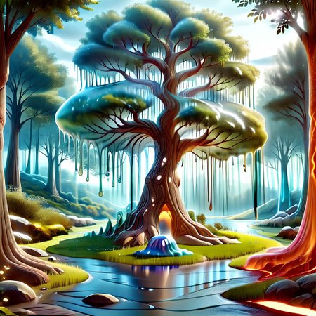 a forest made out of slime, dense-forest, Yggdrasil, a vast tree made out of slime, A large tree made out of slime, brown slime tree, translucent tree, transparent tree, 
everything made of slime, No simple background, ((slime tree)), detailed leaves, detailed bark texture, 
overcast sky, natural light, no bright spots, 
((translucent slime)), ((transparent slime)), (bioluminescent slime), sl1m3, slime, slime-morph, ais-blmn, saturated colors, no creatures, no monsters, no pokemon, scenery only, scenery, ral-lava, watce