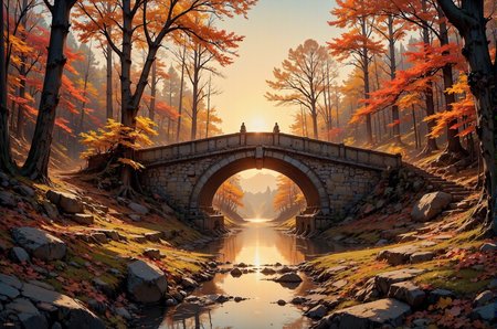 This photograph captures a serene autumn landscape dominated by a rustic stone bridge arching over a tranquil stream. The bridge, constructed from large, weathered stones, spans the width of the image, with a reflective water surface below it mirroring the warm, golden hues of the setting sun. The sun, partially obscured by the dense foliage of tall trees, casts a warm, amber glow across the scene, illuminating the vibrant autumn colors. The trees, mostly bare, display a mix of fiery reds, deep oranges, and golden yellows, with a few leaves clinging to their branches. The ground is covered with a layer of fallen leaves, adding to the rich tapestry of colors.
On either side of the stream, the banks are lined with smooth, dark rocks, adding texture to the scene. The sky is clear, allowing the sunlight to penetrate through the trees, creating a dappled effect on the ground and water. The overall mood of the image is peaceful and contemplative, capturing the essence of a crisp autumn day. The photograph emphasizes the interplay of light and shadow, color and texture, creating a harmonious and picturesque scene.
 <lora:DarksunRIDDV3:0.5> <lora:flux_hyperkraximalism-balanced:0.5> <lora:Midjourney_-_SemiReal_Dreams_FLUX_LoRA:0.5> <lora:CPA:0.5> <lora:Anime_realistic_v2:0.5> Realistic anime style <lora:BLUE_mk4_angel_FLUX_01:0.5>