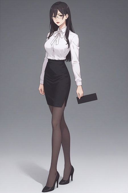 score_9, score_8_up, score_7_up, BREAK source_anime, <lora:Mayuri Hanyuu-PonyXL-lora-Faxtron:0.8> mayuri hanyuu, brown eyes, black hair, long hair, medium breasts, red lips, glasses, white shirt, white neck ribbon, pencil skirt, black pantyhose, high heels, standing,