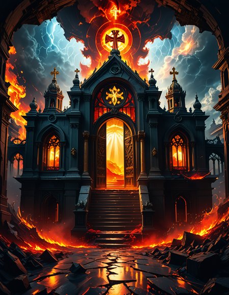 A once-majestic celestial temple, now under siege by the forces of Hell. The grand white stone structure is cracked and scorched, its golden crosses twisted and broken. The stained-glass windows, once glowing with warm divine light, are now shattered, with demonic symbols glowing ominously in their place. The sky, once a serene blue, is now consumed by dark storm clouds, swirling with red lightning and thick smoke.
Black, jagged chains extend from the sky, wrapping around the temple as if trying to pull it down into the abyss. The once-fluffy clouds beneath the structure are now a chaotic mix of fire, ash, and dark mist, with glimpses of molten lava cracks below. Infernal creatures with glowing red eyes lurk in the shadows, their silhouettes barely visible through the smoke and fire.
The temple doors are blown open, revealing an eerie red glow emanating from within, as if Hell itself is consuming the sacred space. Massive demonic runes are etched into the stone, pulsating with an unholy energy. The entire scene is bathed in a deep crimson and orange glow, giving it an apocalyptic and nightmarish atmosphere.
Style & Lighting:
- Dark fantasy, highly detailed
- Dramatic, high-contrast lighting with fiery glows
- Cinematic composition, epic scale
- Strong use of shadows, embers, and atmospheric foghighly detailed and atmospheric view from inside a massive birdcage, large enough for a human to stand inside. The cage is made of ornate, aged metal bars with intricate Victorian-style patterns, curving elegantly towards the domed ceiling. Sunlight filters through the gaps between the bars, casting long, dramatic shadows on the wooden floor. Delicate vines and small flowers have begun to grow around the bars, adding a touch of nature reclaiming the space. The background beyond the cage is blurred, hinting at a lush garden or a mysterious, abandoned mansion. The ambiance is serene yet slightly melancholic, with warm golden light illuminating dust particles floating in the air. Soft feathers are scattered on the floor, adding to the sense of quiet abandonment. The perspective makes the viewer feel as if they are inside the cage, looking outward, surrounded by both beauty and confinement. The style is highly detailed and realistic, with a cinematic and slightly surreal atmosphere.
<lora:SDXLFaeTastic2400:0.4> <lora:extremely_detailed:0.4> extremely detailed,evil celestial t3mpl3, <lora:evil_celestial_t3mpl3-p:1>, Masterpiece,best quality,hi res,8k,hi res,8k,award winning,(sharp focus, intricate, highly detailed),