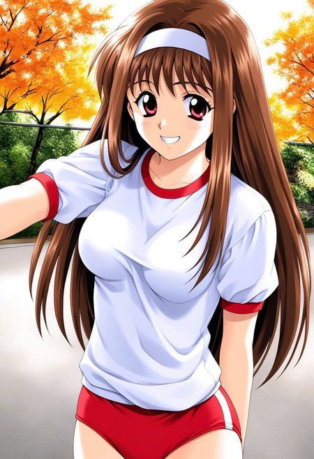 score_9, score_8_up, score_7_up, source_anime, rating_explicit, BREAK ,YuukiMizuho, 1girl, solo, skirt, brown hair, long hair, hairband,  red eyes, red skirt,  breasts,  jyojifuku, white shirt,  short sleeves, shorts, gym uniform, red buruma, sgu,
 blush, smile, cowboy Shot, blush, looking at viewer, cowboy shot, autumn, outdoor, school, schoolyard,