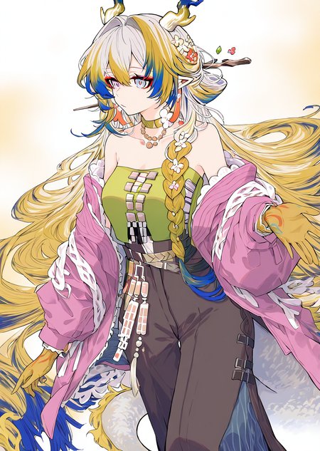 <lora:BebopSensen250208:1>,BebopSensen,<lora:shu_arknights_for_IL:1>,shu_\(spring_feast\)_\(arknights\),dragon horns,multicolored hair,dragon tail,pointy ears,multicolored eyes,streaked hair,side braid,hair stick,green choker,necklace,tassel earrings,hair flower,green tube top,wide pants,pink jacket,off shoulder,sandals,<lora:NOOB_vp1_detailer_by_volnovik_v1:1>,<lora:noobai_ep11_stabilizer_v0.138_fp16:1>,