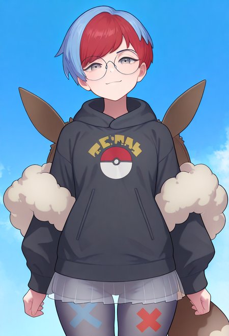 masterpiece, best quality, solo, curvy, beautiful eyes,   zzPenny, grey eyes, glasses, short hair, red hair, blue hair, multicolored hair, round eyewear, two-tone hair,  long sleeves, hood down, black hoodie, backpack, bag, brown bag, pantyhose,   see-through skirt,  <lora:PennyPokemon_IXL:1.0>, , smile, looking at viewer, cowboy shot,  <lora:IckpotIXL_v1:1.0>,