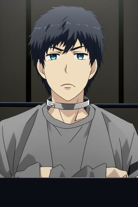 high resolution, solo, best quality, 1Boy, Arata Kaizaki, Portrait, Black Hair, Blue Eyes, arrested, restrained, struggling, handcuffs, interrogated, interrogation room, OverallDetail
