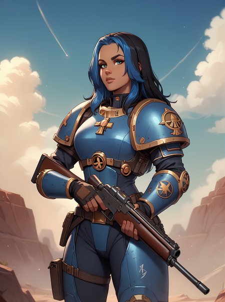 score_9, score_8_up, score_7_up, <lora:hannahpxl:0.9>, hannahpxlm, 1girl, cartoon, outline, dark skin, black hair, blue hair, long hair, space marine armor, warhammer 40k, holding steampunk shotgun, battlefield