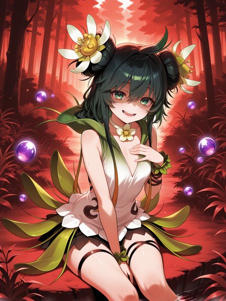 plant girl,traptrix vesiculo,1girl,solo,double bun,nature,teeth,sitting,open mouth,smile,plant,looking at viewer,forest,hand on own chest,white hair flower,white flower choker,green sleeveless dress,green wrist scrunchie,purple bubble,black skirt,black thigh strap,,shaded face, red theme, 
masterpiece,best quality,amazing quality,very aesthetic,absurdres,newest,<lora:Traptrix Vesiculo illuXL v1:0.7>,