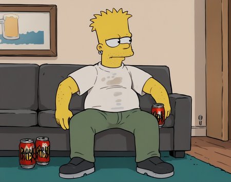 1boy, solo, bart simpson, yellow skin, spiked hair, blonde hair, black eyes,circle eyes, dot pupils, white shirt, stained shirt, pants, sofa, indoors, sitting, stubble, jewelry, earrings, beer can, <lora:AdultBart9:0.8>,