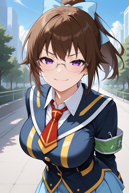 masterpiece, best quality, 1girl, solo, <lora:kikaijimamogana-illu-nvwls-v1-000006:1> kjmmg, brown hair, short ponytail, purple eyes, glasses, hair bow, light blue bow, large breasts, black blazer, armband, yellow trim, white shirt, collared shirt, red necktie, short necktie, light blue skirt, pleated skirt, miniskirt, upper body, looking at viewer, smile, smug, blue sky, tree, city