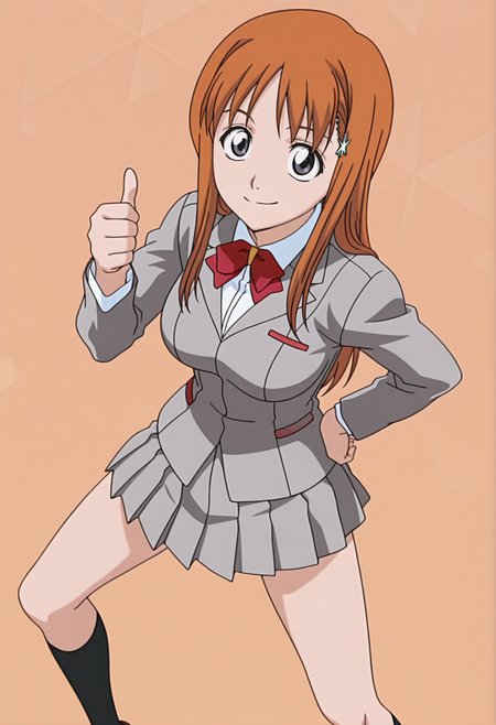 masterpiece, best quality, amazing quality, anime screencap, anime coloring, 1girl, solo,   <lora:DX888Orihime:1> inoue orihime, grey eyes, orange hair, long hair,
hairclip, school uniform, grey blazer, grey skirt, red bow,  BREAK brown background, triangle background,  (simple background:1.2) BREAK  (dynamic pose:1.2), smile, blsuh, thumbs up, bowlegged pose, from above,