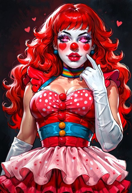 wearing classic polka dot bodysuit that hugs every curve, ruffled skirt, White elbow length gloves, big red clown nose, Red wig,
Erotic facial expression, Beautiful face, Perfect Face, Sultry eyes, Pretty face, Gorgeous Eyes, Pink Eyes, Breeding, Ovulating, Horny, In Heat, Passionate, Romantic, Hearts, Strong Nose, blush, Pink lipstick, Nail polish, Wet Hair, Messy Hair, Sexy Hair, Long Hair,
Oily Body, Sweaty Body, Hourglass body, Voluptuous, Big ass, Big Boobs, Thick thighs, Female Abs, feminine woman, Thick body, Sexy, Erotic, Arousing, Correct Proportions,
masterpiece, best quality, highly detailed, clean linework, upscaled, high resolution, score_9, score_8_up, score_7_up, High contrast lighting, Dynamic Lighting, high contrast color pallet, intense shadows, Saturated, 
Portrait, Waist up, Close up, Face focus, Woman solo, Headshots, Image from Below, Subject looking down, Holding a Pie,
mythp0rt, oil painting, traditional media, realistic, g0th1c, glowing, glowing eyes, Clown, Clown makeup, clown costume, colorful clown costume, red clown nose,