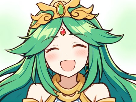 1girl, 
palutena, kid icarus, 
solo, bare shoulders, smile, hair flaps, diadem, white background, jewelry, open mouth, simple background, upper body, neck ring, green hair, parted bangs, :d, ^_^, facing viewer, blush, long hair, closed eyes, forehead jewel, gem, 
  safe
 <lora:mki-ani31-GenshinPV-v2-000012:1>