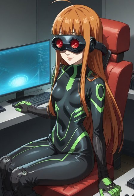 score_9, score_8_up, 1girl, Sakura Futaba, <lora:futaba.pony:0.8> futaba, navi, source_anime, anime screencap, anime coloring, 2d, Expressiveh, beautiful orange hair, blunt bangs, long hair, perfect shiny hair, full lips, ultra-detailed eyes, beautiful eyes, beautiful feminine face, perfect face, beautiful skin details, perfect slender proportions, ultra-narrow, waist, ultra-flared hips, perfect ultra-tight ass, thin tighs, shapely legs, small breasts, kindentation, bodysuit, impossible clothes, gloves, boots, googles, head mounted disoplay, bw-chair, pink light effects, indoors, detailed background, sci-fi, unlit dark room, sitting on chair, red chair, gaming chair, cables connected, smiling, viewed from above,  zPDXL2