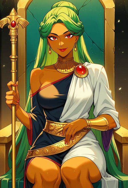 score_9, score_8_up, score_7_up, score_6_up, score_5_up, score_4_up , 1girl, meiou setsuna, sailor pluto, very long hair, green hair, single hair bun , red eyes, swept bangs, dark-skinned female, masterpiece, best quality, absurdres,
Hades \(mythology\) cosplay, ancient Greek clothes, dark goddess dress, dark dress, (single-shoulder dress:1.2), tunic, white tunic, one shoulder tunic, ancient Greek goddess, crown, spiky crown,
lipstick, makeup,
underworld, hades, underground, hell, dark environment, ancient Greek buildings,
throne, sitting, solo, cowboy shot, looking at viewer, smile, holding staff, bident