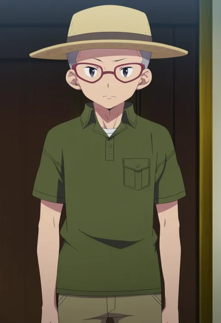 masterpiece, best quality, anime screencap, official style, anime coloring, cowboy shot, 1boy, solo, male focus, <lora:konekomaru_miwa_ilxl:0.98>, konekomaru_miwa, grey hair, black eyes, very short hair, glasses, red-framed eyewear, , , Trousers, Cargo shirt, Brogues, Panama hat,