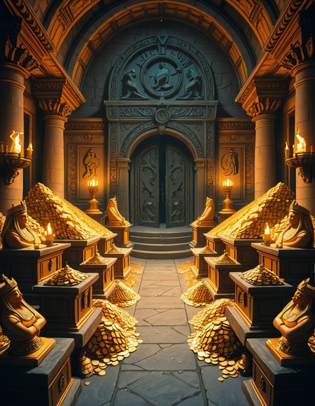 A hidden treasure chamber deep within an ancient temple, illuminated by the warm golden glow of torches and mystical blue light from enchanted crystals. The room is filled with piles of gold coins, jewel-encrusted goblets, and ancient artifacts covered in dust. Massive stone statues of forgotten deities guard the chamber, their eyes glowing faintly as if watching intruders. In the center, a grand pedestal holds a legendary artifactâan ornate golden crown encrusted with emeralds and sapphires, shimmering with an otherworldly aura. The walls are adorned with intricate carvings depicting lost civilizations, and creeping vines hint at centuries of abandonment. The atmosphere is mystical and slightly eerie, with a sense of both wonder and danger. The air is thick with the scent of aged parchment and burning incense, adding to the chamberâs ancient and mysterious feel. Cinematic lighting with dramatic shadows enhances the depth and richness of the scene, creating a visually stunning and immersive environment.
<lora:SDXLFaeTastic2400:0.4> <lora:extremely_detailed:0.4> extremely detailed,treasure ch4mb3r, <lora:treasure_ch4mb3r-i:1>, Masterpiece,best quality,hi res,8k,hi res,8k,award winning,(sharp focus, intricate, highly detailed),