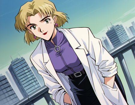 score_9, score_8_up, score_7_up, source_anime,
ritsukoakagi,  <lora:ritsuko-akagi-classic-ponyxl-lora-nochekaiser:1>,
ritsuko akagi, short hair, blonde hair, mole, mole under eye, parted bangs, green eyes,
lipstick, skirt, jewelry, pantyhose, earrings, belt, pencil skirt, labcoat, shirt, purple shirt, turtleneck, zipper,
cityscape, bent over, smile,
cowboy shot, looking at viewer, solo, dutch angle,