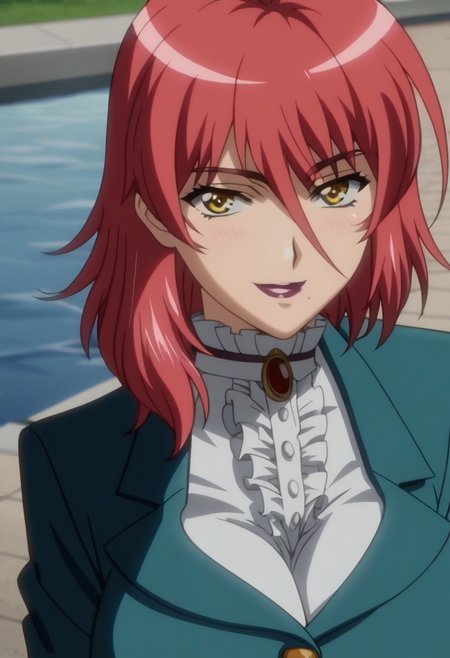 score_8, score_7_up, score_6_up, 1girl, smile, human, source_cartoon, screencap, detailed face, solo, Himeno, red hair, large breast, dressed, smiling, looking at viewer, smile, from above, cowboy shot, anime screencap