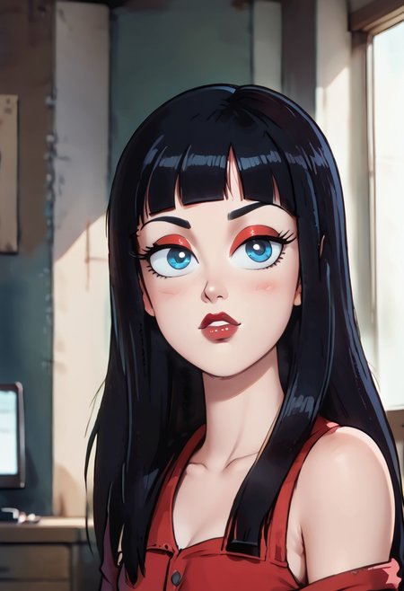 (ultra HD quality details), Detailed illustration, score_9, score_8_up, score_7_up, score_6_up, PRSNL, w_g_f, uncensored , pupils black dots, 1girl, lips,
 agent mai, long hair, bangs, blue eyes, black hair, eyelashes, red eyeliner, lipstick,
Warm light, indoors,
((Upper body)),