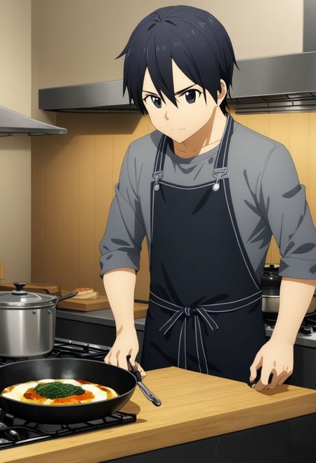 high resolution, professional photography, best quality, 1Boy, Kirigaya Kazuto, Black Hair, Black Eyes, overalldetail, cooking, kitchen