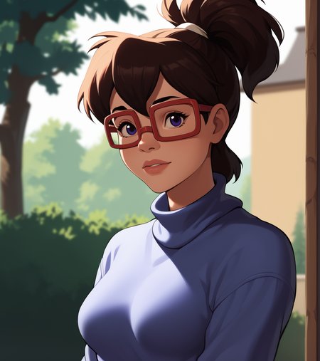 score_9, score_8_up, score_7_up, 
irma, blue turtleneck sweater, long purple dress, medium breasts, outdoors, upper body <lora:Irma_Langenstein:1>