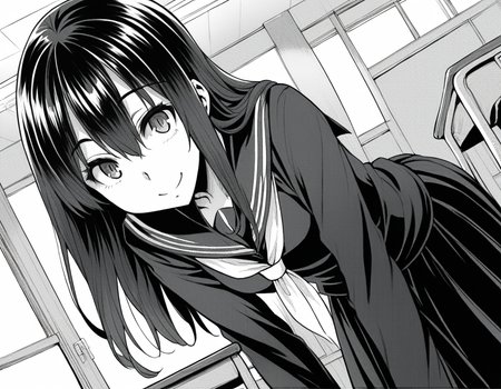 score_9, score_8_up, score_7_up, source_anime,
sakiyoshida, <lora:saki-yoshida-manga-ponyxl-lora-nochekaiser:1>,
saki yoshida, long hair, hair between eyes, monochrome, greyscale,
black hair, skirt, pleated skirt, serafuku, shirt, long sleeves, long skirt, sailor collar, neckerchief, black shirt,
indoors, classroom, bent over, smile,
looking at viewer, solo, dutch angle, cowboy shot,