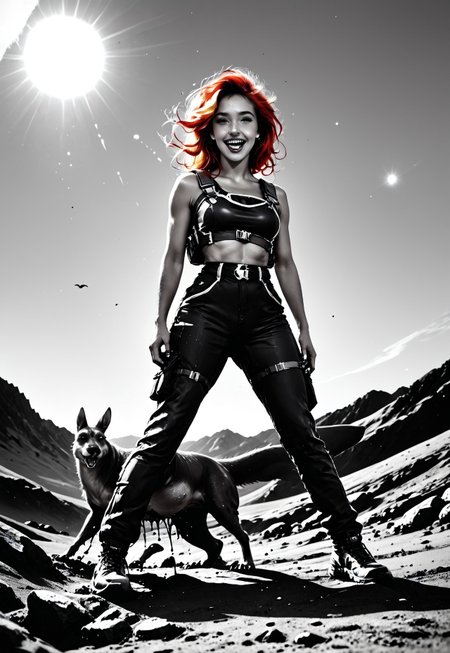 Space biologist studies an alien kangaroo, 

score_9, score_8_up, score_7_up, Realistic, cinematic shot, selective color, monochrome background, grayscale, 4k, Gadget, side view,

(((alien kangaroo humps girl, hetero, cross-species, inter species, interspecies ))), 

18yo, blonde, red hair highlights, front highlights, wide face, perfect face, stunning, breathtaking face, detailed face, perfect teeth, expressive eyes, extremely cute, medium boobs, round stomach, sexy, partial nudity, laughing, 

Pear-shaped figure, short female, stocky, perfect round butt, wide hips, narrow waist, strong legs, thick thighs, long legs, short torso, narrow shoulders, 

Work clothes, space mechanic outfit, thick cargo pants, midriff, 

(large alien kangaroo, muscular animal, cute alien, alien species, strong animal, non-humanoid, slime, chitin, humping girl, mounting girl, humping from behind, paws on girl’s hips),

Detailed background, black and white background , alien desert, alien desert flowers, alien fauna, impossible landscape, two moons, outdoors, open space, 

highres, absurdres, in focus, hetero,

easynegative, CyberRealisticPony_POSV1, Stable_Yogis_PDXL_Positives, negative_hand, ALRGFC, alluring face, realistic, Gadget, SelectiveColorStyle, 1colorpop, 2colorpop