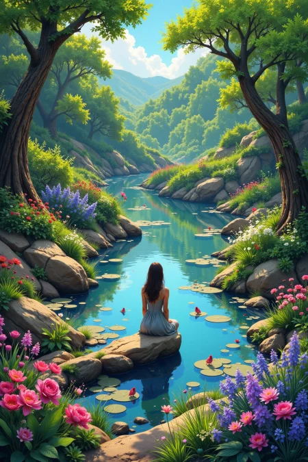 pond beautiful  landscape, day, woman, very intricate, very detailed, sharp, bright, colorful, <lora:Hand v2:0.5> <lora:Anti-Blur:1><lora:Insane Detail Slider:0.25>  <lora:flux.1_lora_flyway_Epic-detail_v2:0.3> <lora:fluxenhancer:0.25> <lora:Anime art - Variant 1:1>