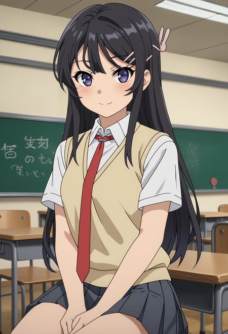 score_7_up, anime screencap, anime coloring,
<lora:SeishunButaYarou_SakurajimaMaiXL:0.8>,
1girl, solo, closed mouth, light smile, light blush,
long hair, black hair, purple eyes, hairclip, rabbit hair ornament,
MaiSchool, sweater vest, yellow vest, white shirt, short sleeves, red necktie, pleated skirt, grey skirt,
thigh gap, sitting, looking at viewer,
blurry background, indoors, classroom