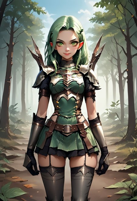 score_9, 1girl, Digital illustration featuring a fantasy-style elven character in a forest setting. The character is A 25-year-old goth darkelf with perfect face and perfect well-endowed hourglass figure lime green hair in long messy hairstyle. She is a darkelf with bleak dark skin and pointy ears, beautiful smile. she is dressed in full medieval-style armor, including shoulder plates, wrist guards, and a belt with a green cloth skirt adorned with various pouches and metal accents. The background is a lush, green forest with sunlight filtering through the trees, creating a mystical atmosphere. The character's facial expression is stern and determined, with green eyes and detailed tattoos on her arms.  WORLD MORPH LEAVES, RED LEAVES, DEAD LEAVES, PLANT GIRL, doom armor, thigh highs