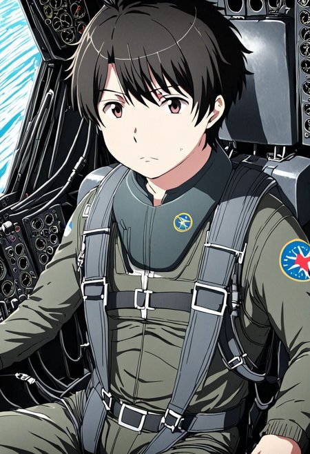 high resolution, solo, best quality, 1Boy, Inaho Kaizuka, Black Hair, Pilot, Cockpit, Jet Fighter, OverallDetail