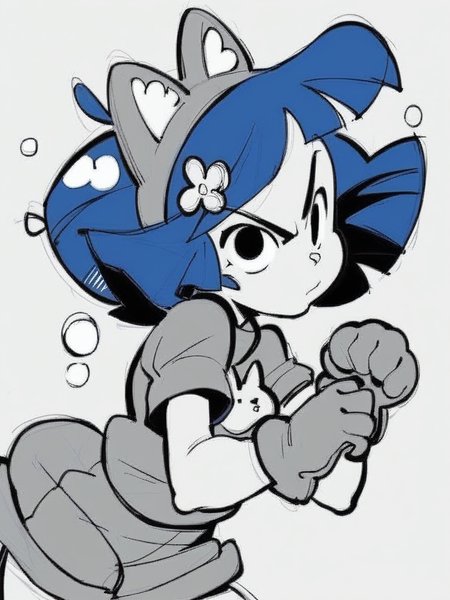 score_9, score_8_up, score_7_up, score_6_up, cat girl, big puffy gloves, plump, from side, front, leaning forward, cute pose, angry, looking at viewer, simple white background, dynamic pose, splash art, concept art, cowboy shot, blue hair, hair ornament, cat ears, 
<lora:INKtoonXLP_Style:1> InkToon, monochrome, black eyes, simple background, cute, sketch, thin line, cartoon
