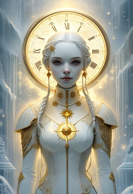 score_9, score_8_up, score_7_up,  anthropomorphic humanoid white pisalis : white on white : white on white : frost patterns+pisalis fantasy world, white on white, gold dust, neon light, blobs, golden compass film style
