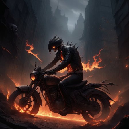 Dark Fantasy Art, Dark Moody Atmosphere, dramatic, mysterious, dark moody atmosphere, dark, moody, dark fantasy style, realistic anime,
BREAK,
Ghost Rider rockets up the skyscraper, his flaming motorcycle scorching a fiery path over glass and steel,
BREAK,
His skull, engulfed in hellfire, casts a sinister, flickering glow, with empty eye sockets seething with vengeful fire,
BREAK,
Flames curl around his skeletal form, his leather jacket and pants seared and frayed, smoldering as he rides,
BREAK, 
sitting on his bike, (((cracked roadway))), cracked road, skull, from side, low angle shot, close up shot, detailed afce, detailed skull,