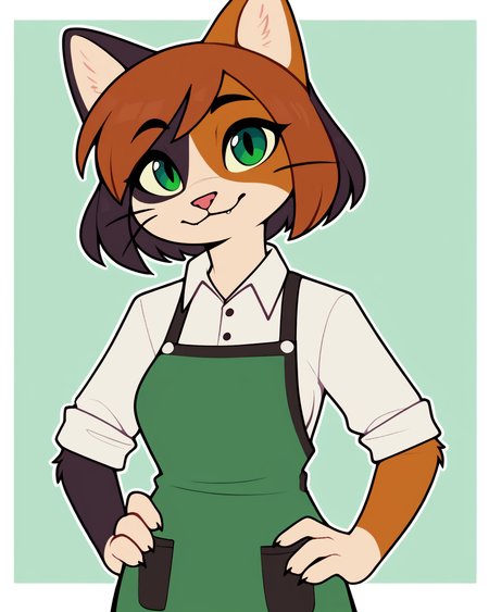 score_9_up, score_8_up, score_7_up, score_6_up, by remanedur, furry female, half-length portrait, cat, calico, female, furry, multicolored hair, green eyes, white collared shirt, short hair, bangs, hand on hip, green apron, medium breasts, looking at viewer, smile, happy, head tilt, solo, three-quarter view, simple background, white outline,   <lora:Leah_Pines(AIM)_XL_v1:0.15> <lora:PDXL_artist_tags_v2_big:0.5> <lora:The-Minuscule-Task_PDXL_v1.0:0.6>  <lora:Kawa_R3KNWN:0.7>