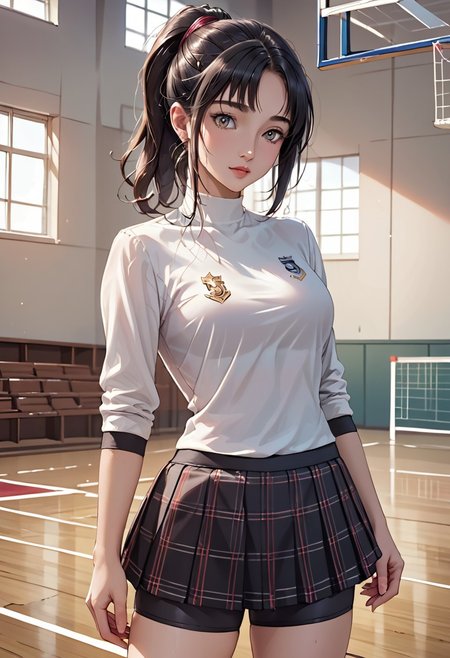 score_9, score_8_up, score_7_up, (masterpiece, Highest quality:1.4), (beautiful, beautiful, perfection, delicate, Complex:1.2), (cute, Adorable), (Depth of written border:1.2), Realistic Face:1.2, hand,
1Girl, 28yo, shihop5, black hair, ponytail, shirt, plaid skirt, bike shorts, asymmetrical legwear,
 ((School gymnasium, volleyball court, standing)), break, anatomically correct, cowboy shot,